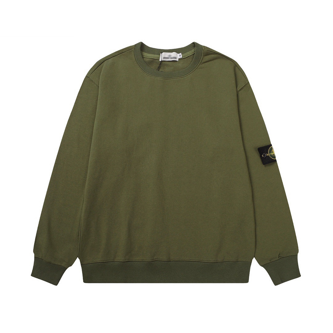 Solid-color hooded zip-up jacket with embroidered badge