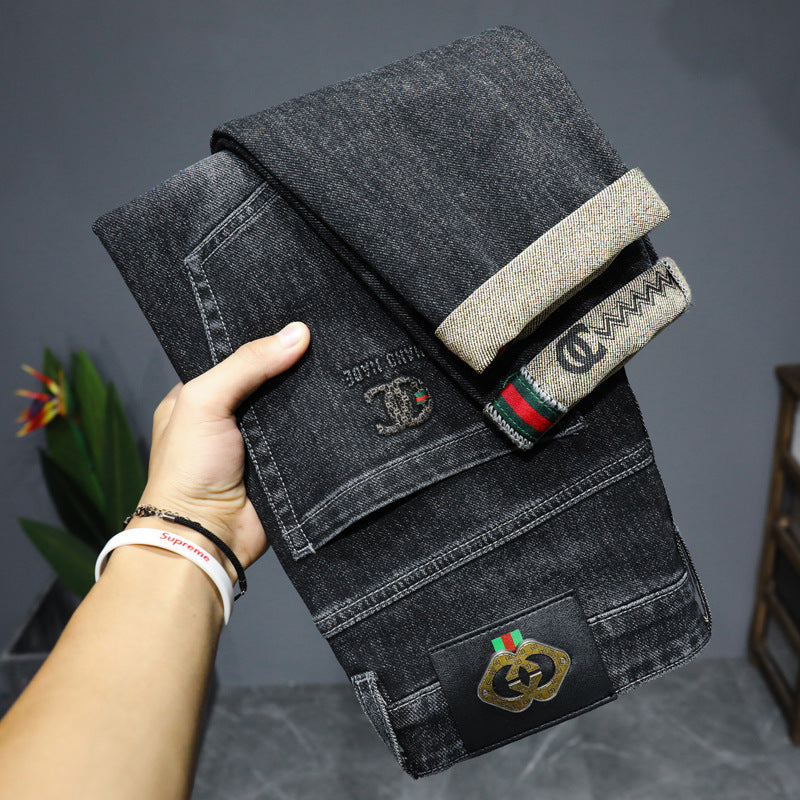 Slim-fit gray denim shorts with embroidered details