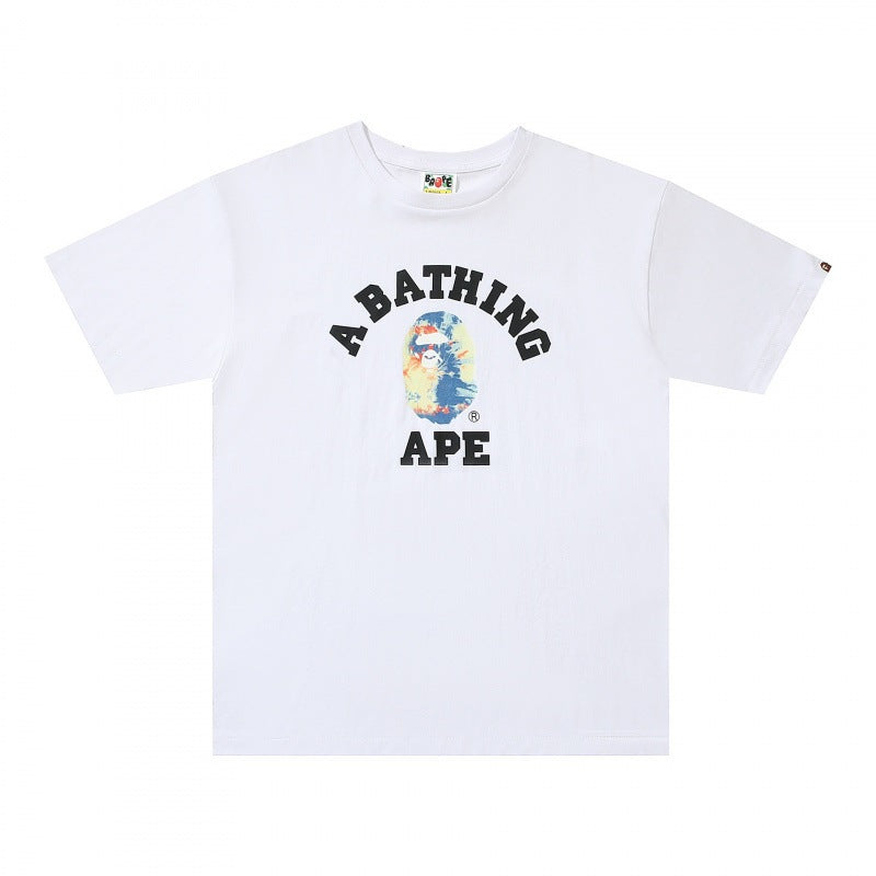 Plaid-pattern cotton short sleeve tee with graphic print