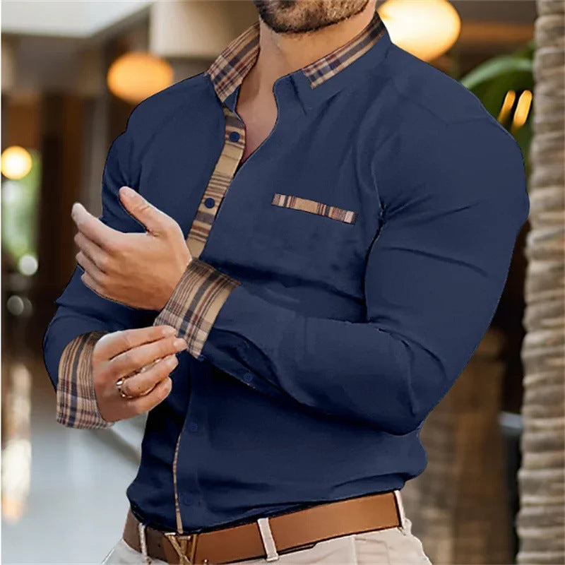 Minimalist long sleeve button-up shirt with plaid collar and cuffs