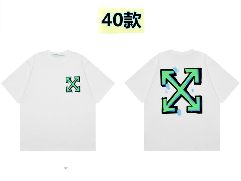Round neck short sleeve cotton t-shirt with front 'Off' print and large back arrow graphic