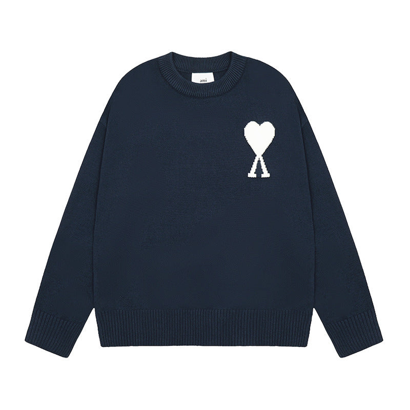 Men's round neck knit sweater with heart embroidery