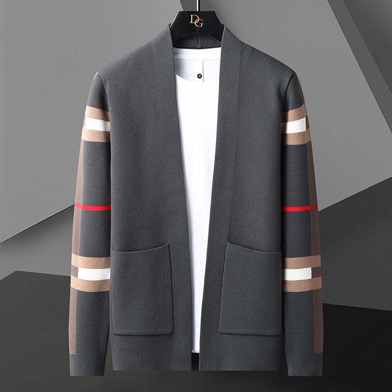 Striped open-front knitted cardigan with contrast sleeve detailing