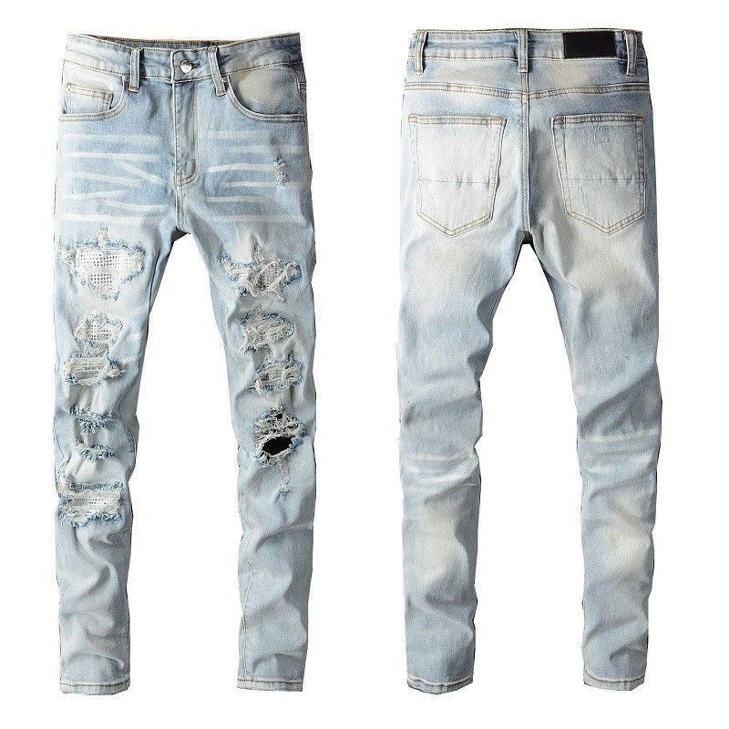 Distressed Straight-Leg Denim Jeans in Blue Black Gray or White