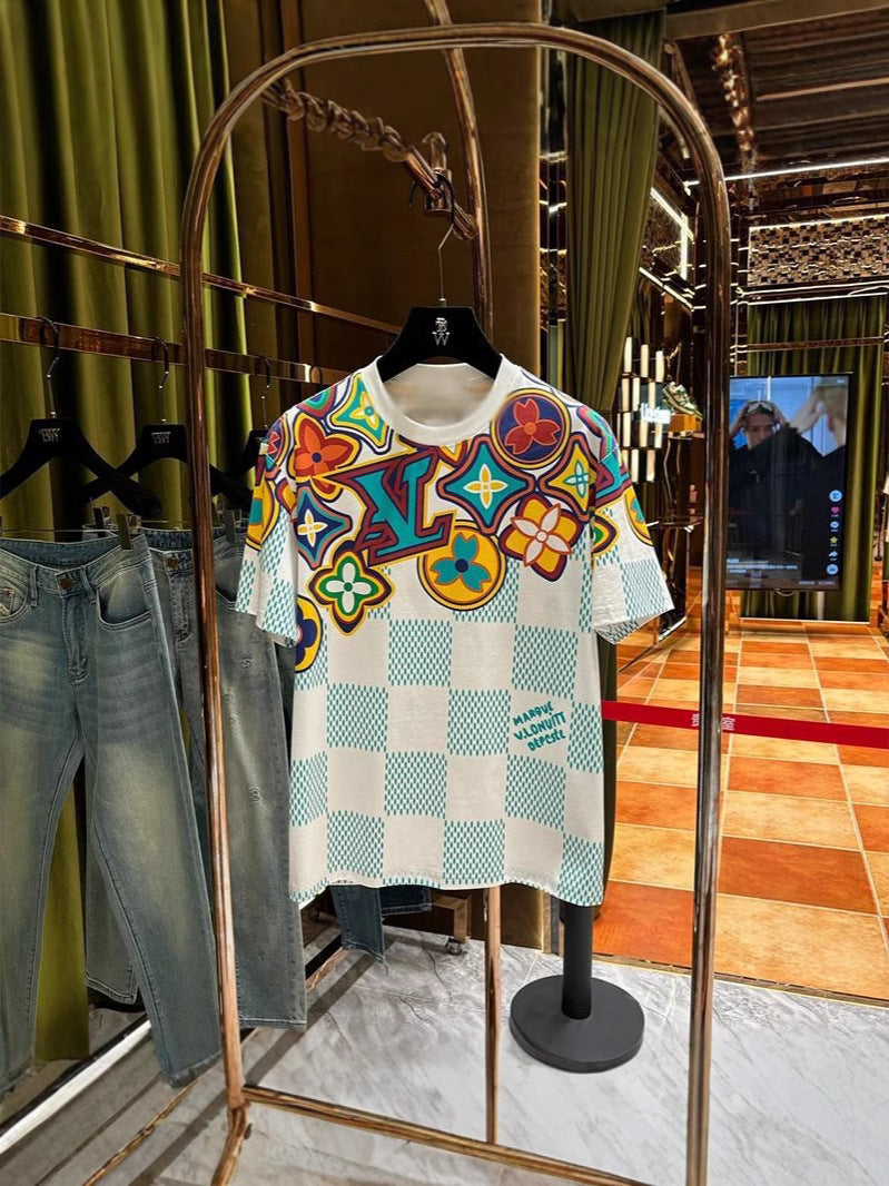 White and Light Gray 3D-Printed Floral Checker T-Shirt