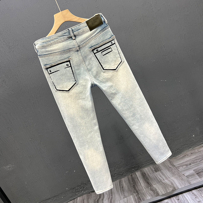 Dark Blue Patchwork Cuffed Slim Fit Denim Jeans