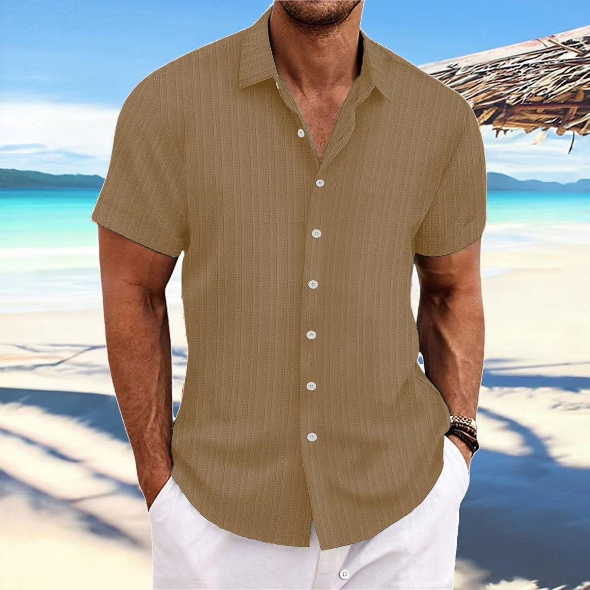 Jacquard striped short-sleeve cotton linen shirt