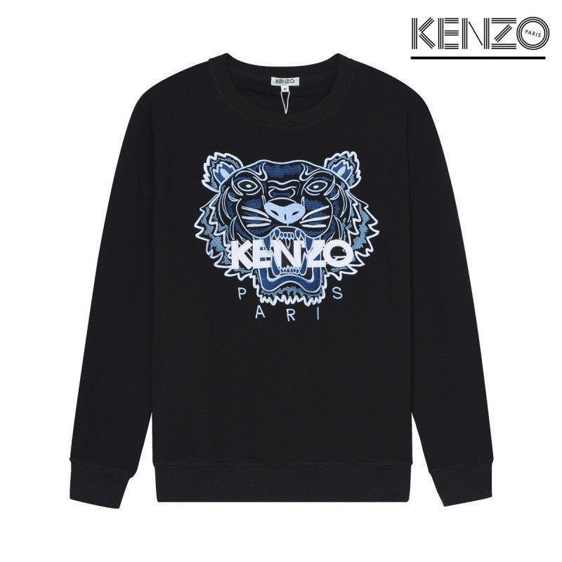 Black Terry Crewneck Sweatshirt with Embroidered Tiger Motif