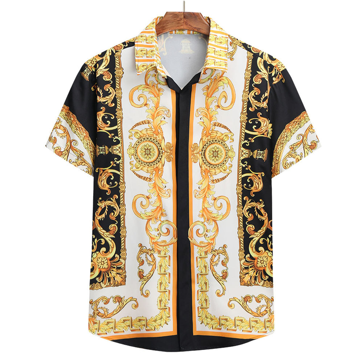 Baroque-print short-sleeve cotton button-up shirt in brown gold white orange