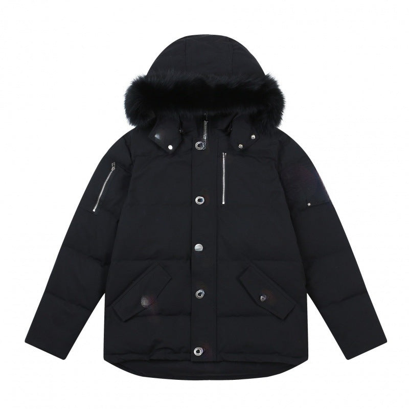 Black puffer coat with coyote fur-trimmed hood and silver hardware