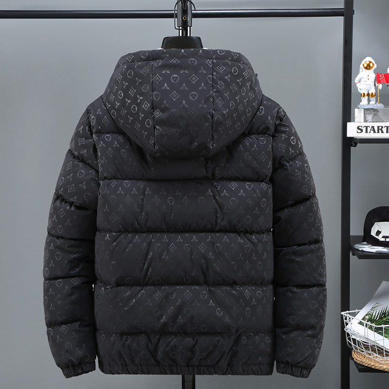 Black and Khaki Hooded Down Jacket with Floral Print