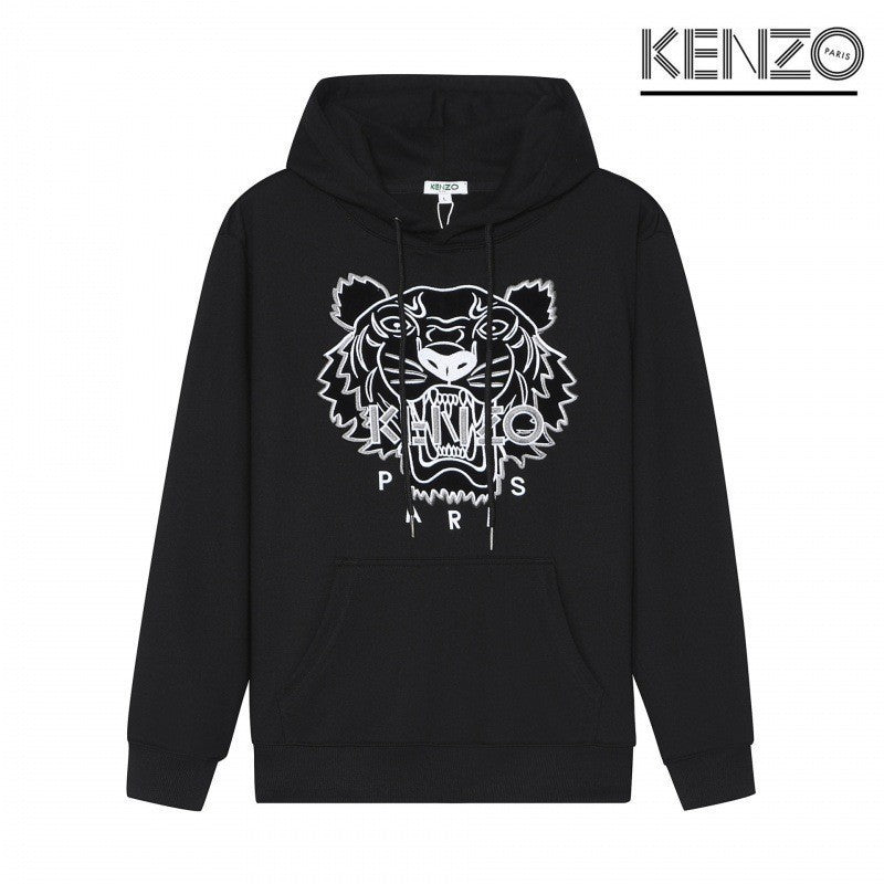 Black Terry Crewneck Sweatshirt with Embroidered Tiger Motif