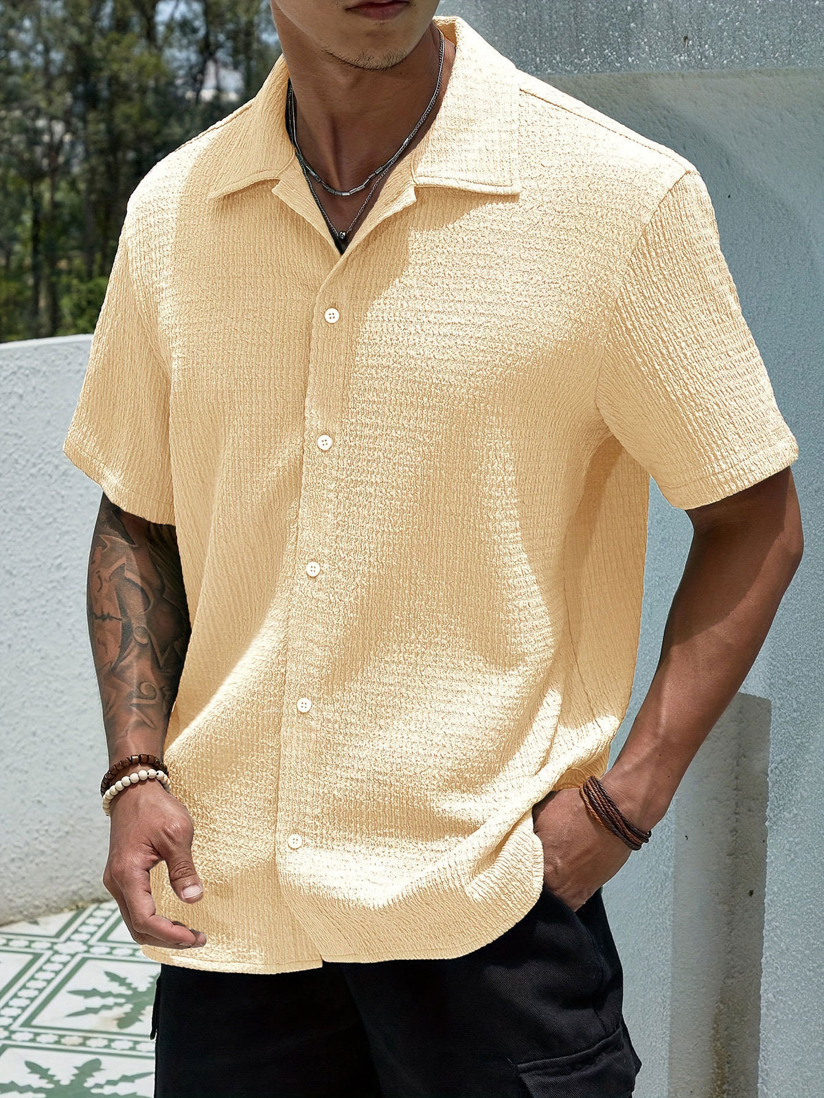 Textured Knit Short-Sleeve Collarless Shirt in Solid Colors