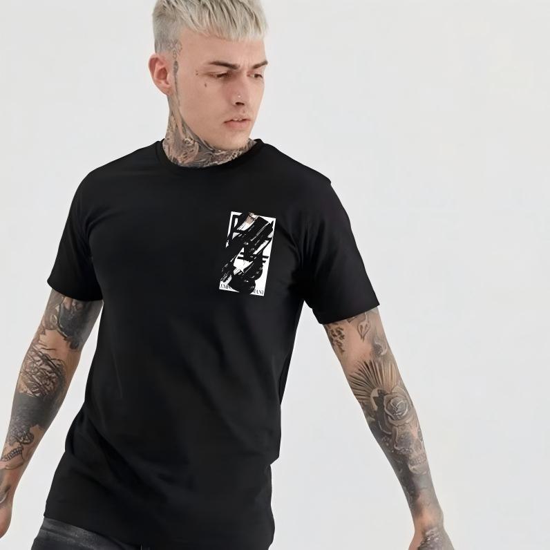 Black short-sleeve round-neck cotton t-shirt with subtle vertical metallic print