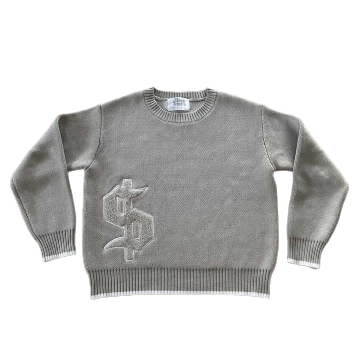 Retro oversized crewneck sweater with embroidered dollar sign