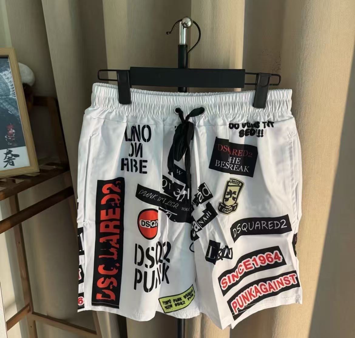 White Black Red Elastic-Waist Quick-Dry Casual Shorts