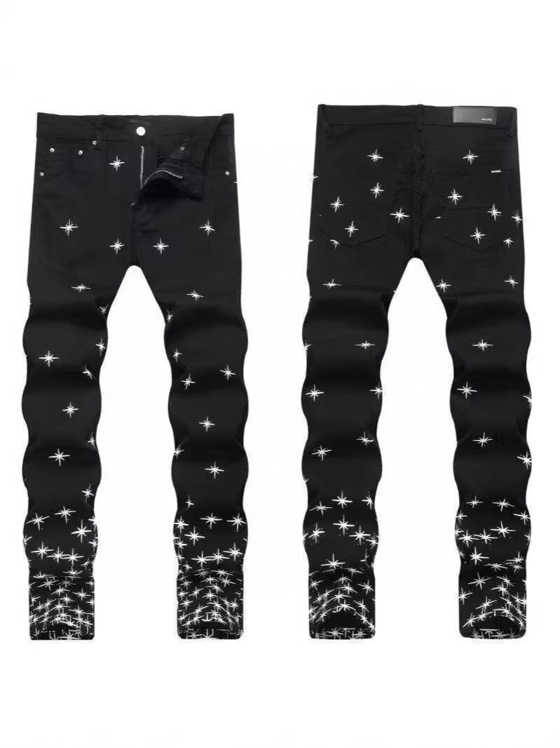 Distressed Straight-Leg Denim Jeans in Blue Black Gray or White