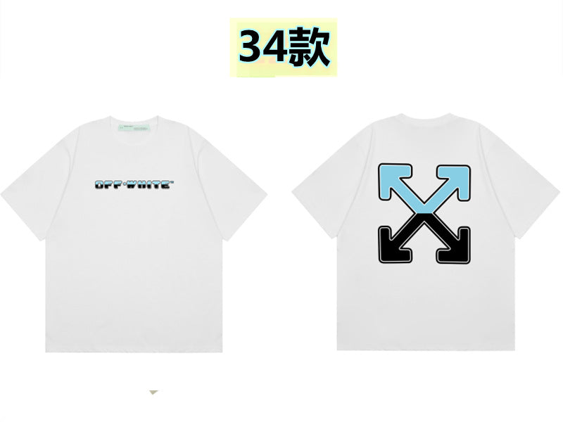 Round neck short sleeve cotton t-shirt with front 'Off' print and large back arrow graphic