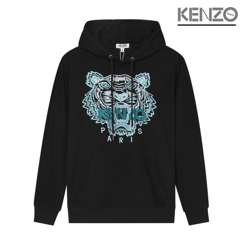Black Terry Crewneck Sweatshirt with Embroidered Tiger Motif