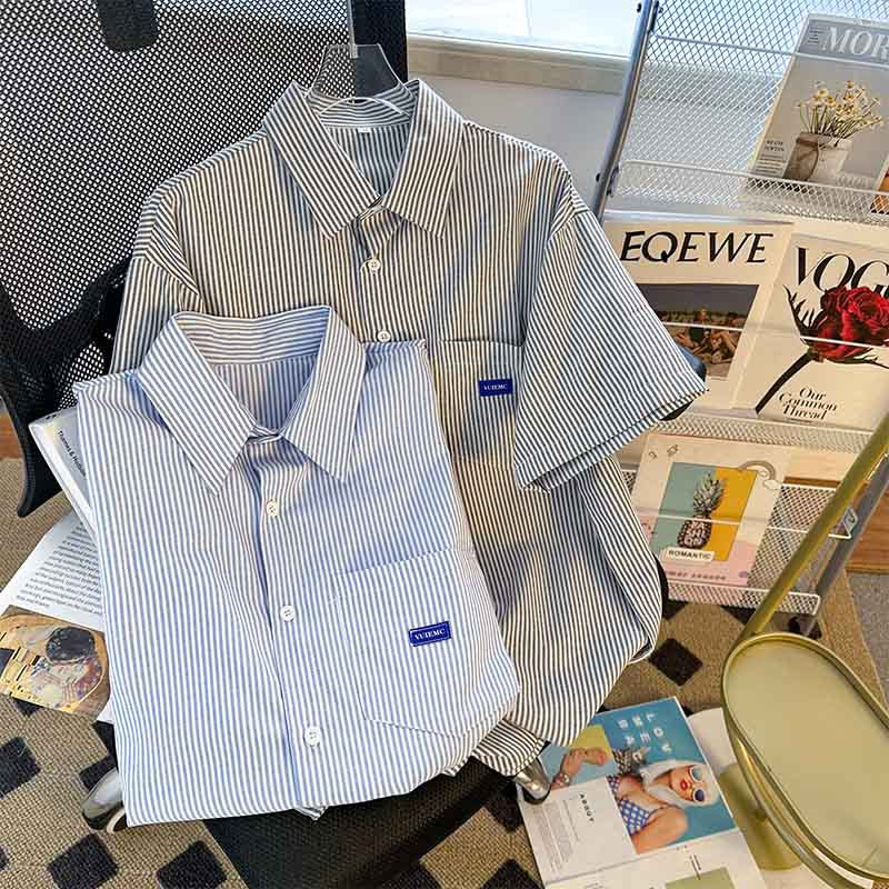Blue and Gray Striped Short Sleeve Cotton Button-Up Shirt