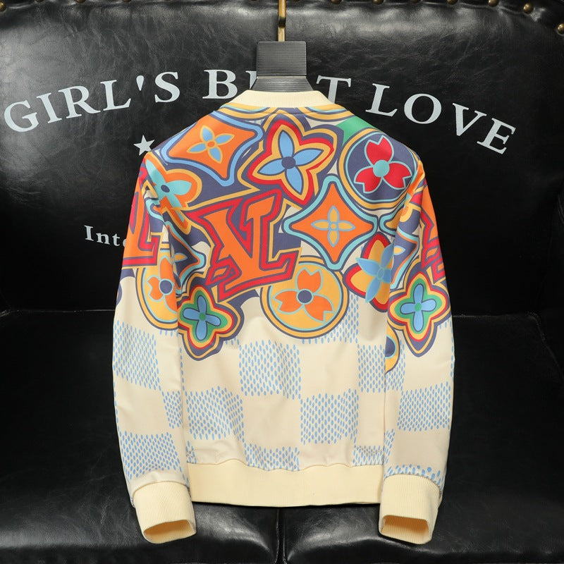 Floral and star print sweatshirt with blue check lower half
