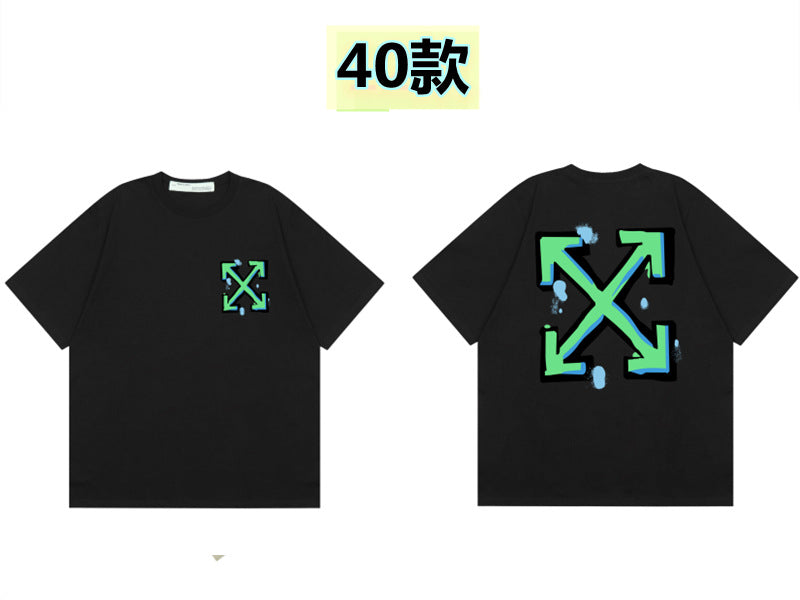 Round neck short sleeve cotton t-shirt with front 'Off' print and large back arrow graphic