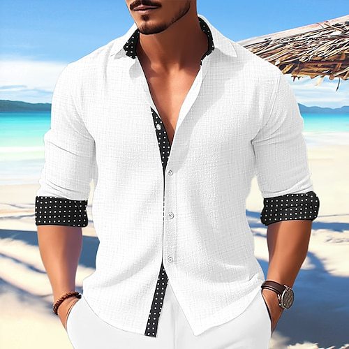 Minimalist long sleeve button-up shirt with plaid collar and cuffs