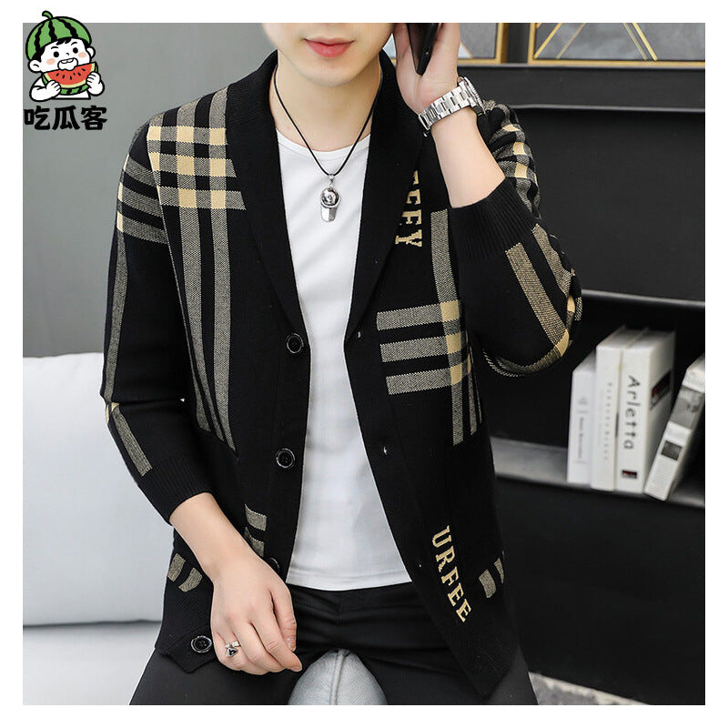 Contrast-Panel Knitted Cardigan with Beige Plaid and Letter Detail