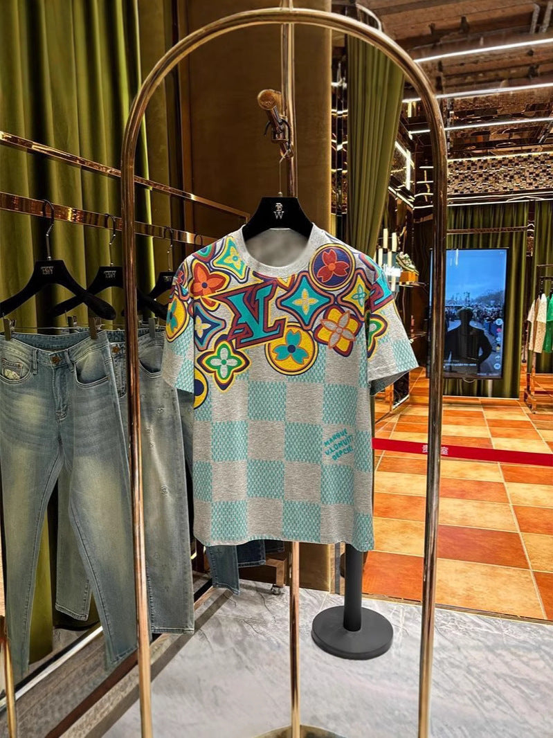 White and Light Gray 3D-Printed Floral Checker T-Shirt