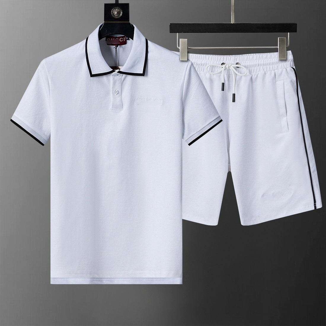 Short-sleeve ribbed cotton polo shirt with tonal all-over letter print