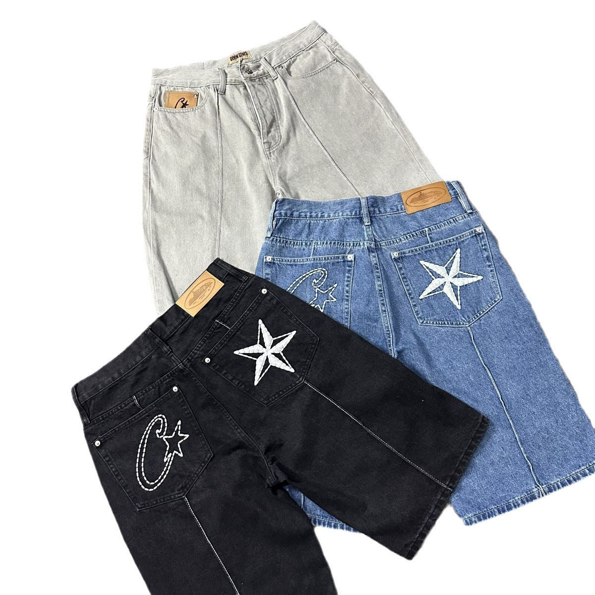 Alcatraz five-pointed star embroidered washed denim shorts