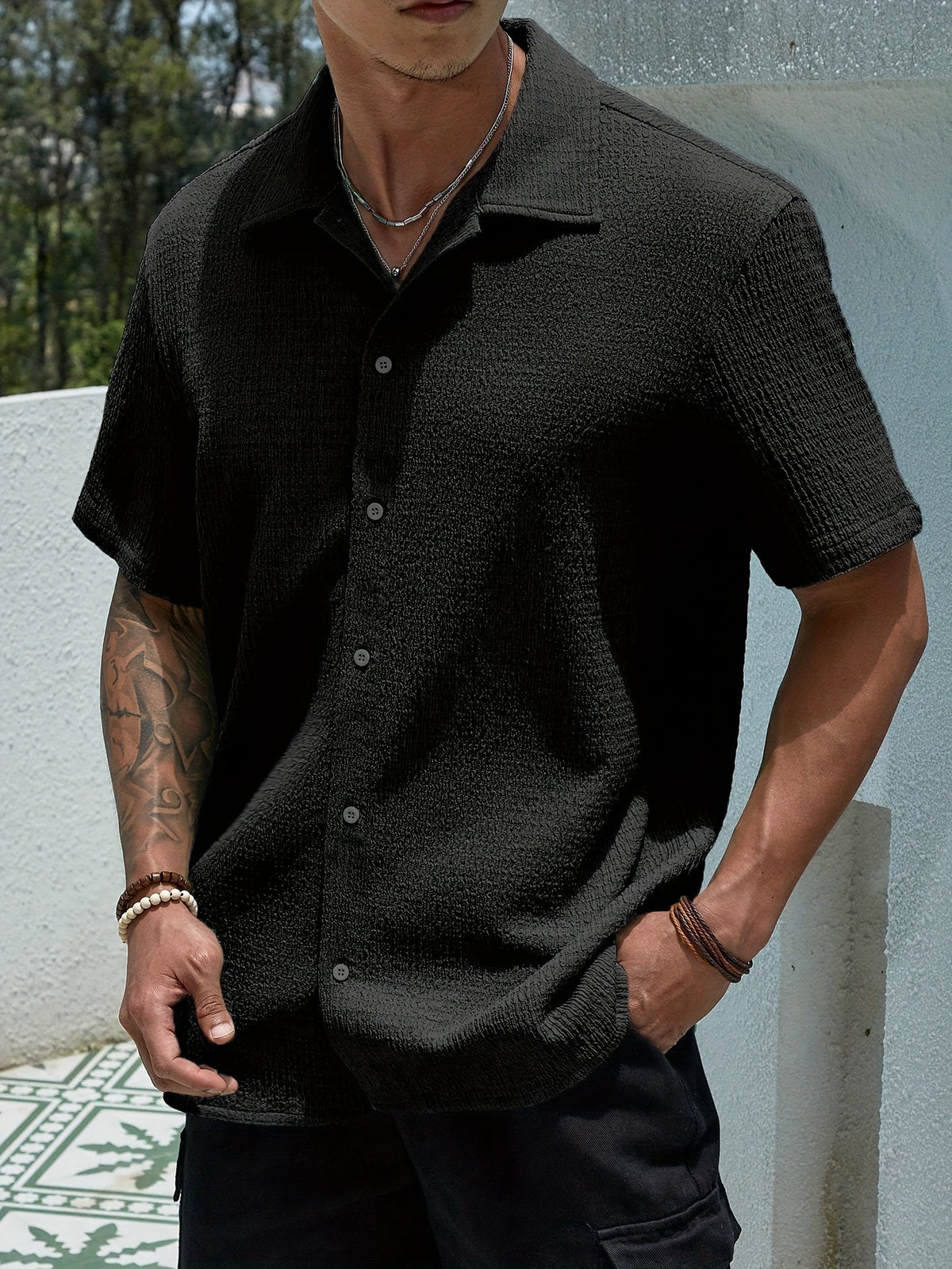 Textured Knit Short-Sleeve Collarless Shirt in Solid Colors