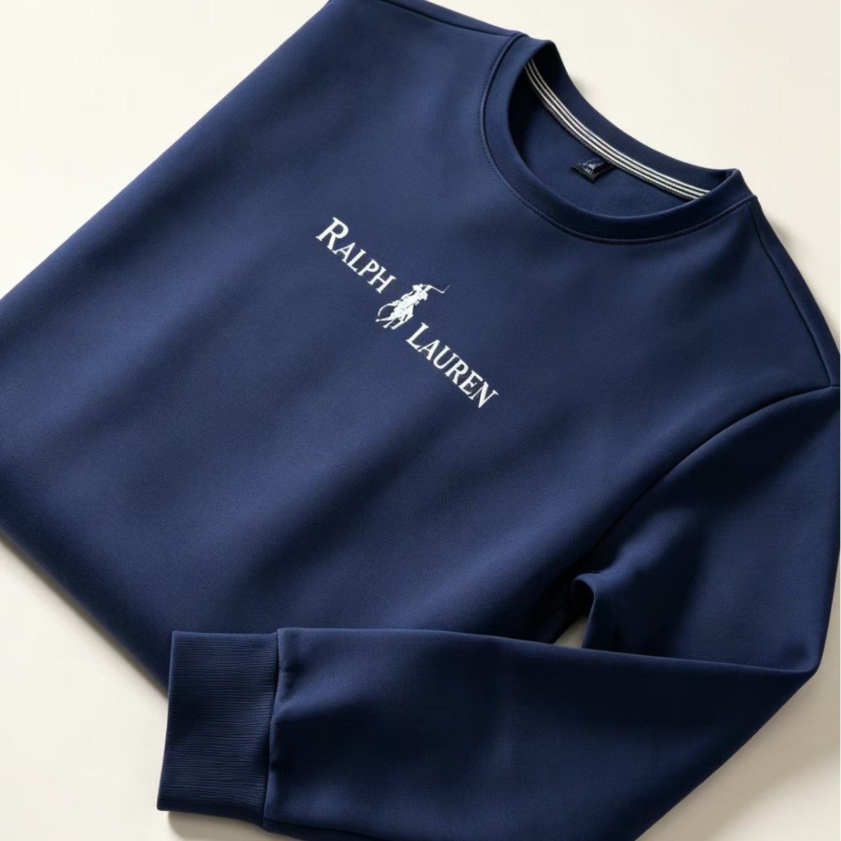 Navy Blue and Sage Green Relaxed-Fit Cotton Sweatshirt with Ribbed Cuffs and Hem