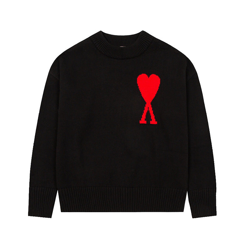Men's round neck knit sweater with heart embroidery