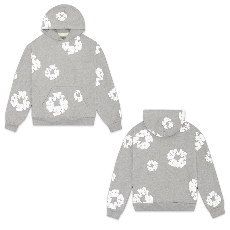 Floral foam-print pullover hoodie with hood and relaxed fit