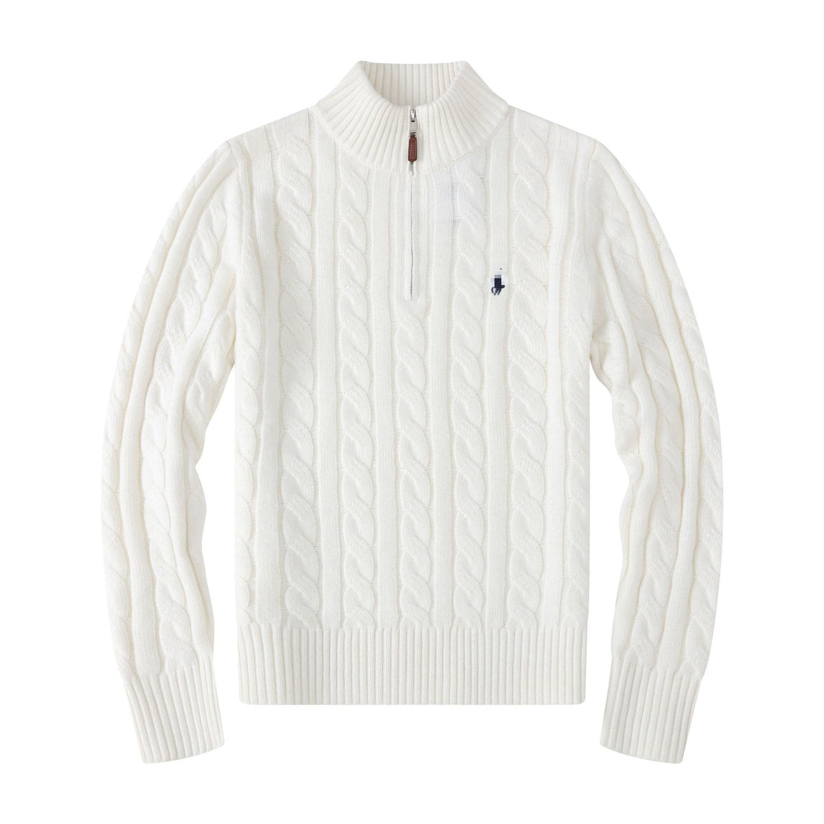 Men's Ivory White Chunky Cable-Knit Half-Zip Mock Neck Sweater with Embroidered Pony Logo, Ribbed Trim and Leather Zipper Pull – Size S