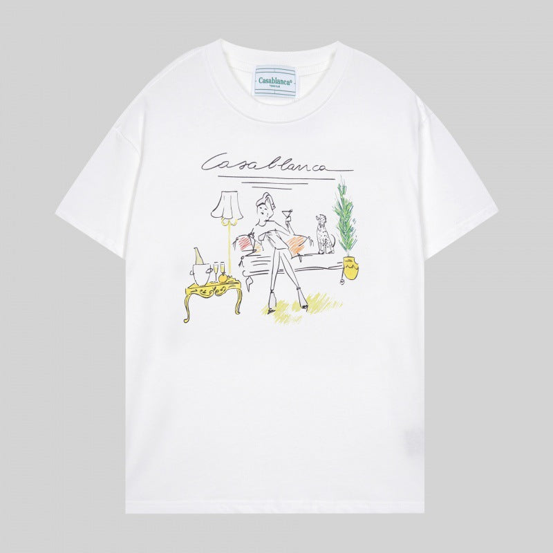 Loose-fit short sleeve t-shirt with blue and white floral script print