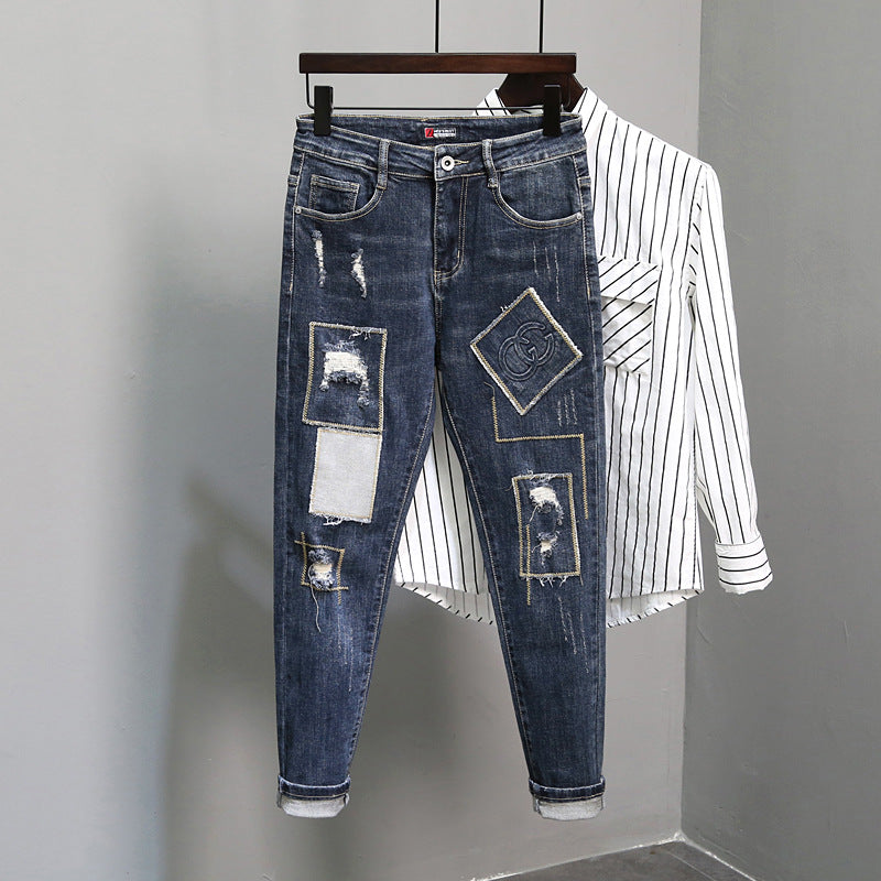Dark Blue Patchwork Cuffed Slim Fit Denim Jeans