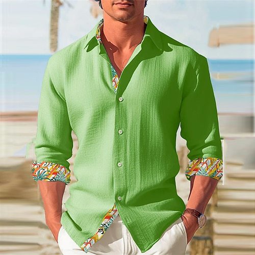 Minimalist long sleeve button-up shirt with plaid collar and cuffs
