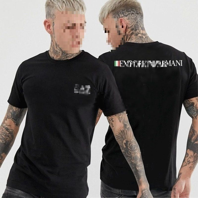 Black short-sleeve round-neck cotton t-shirt with subtle vertical metallic print