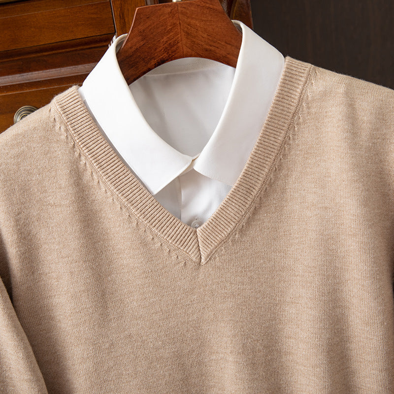 Pure Autumn Winter New Men's Knitted V-Neck Pullover Base Shirt Long Sleeve Warm