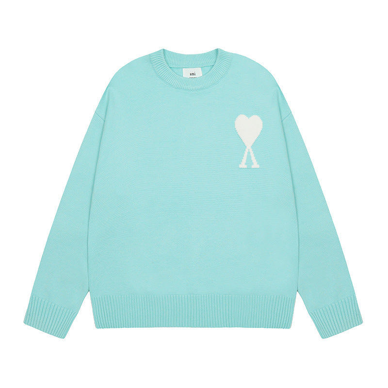 Men's round neck knit sweater with heart embroidery