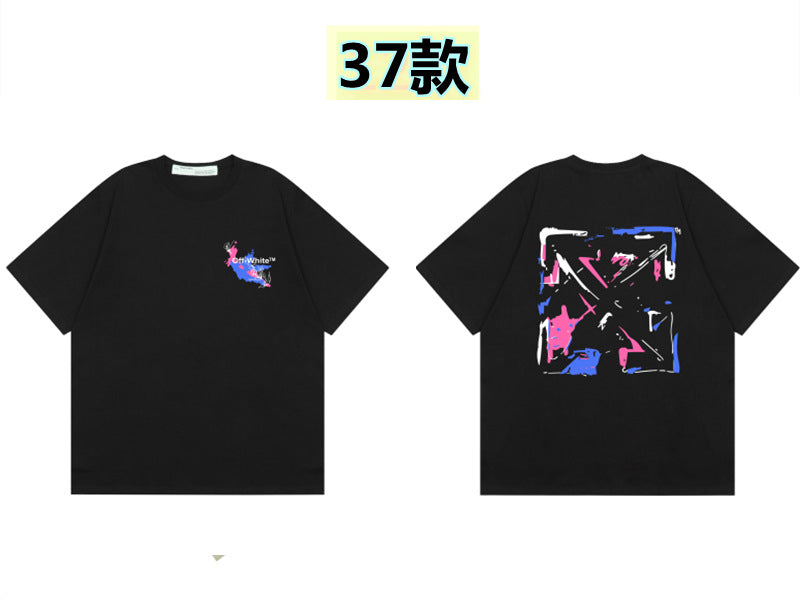 Round neck short sleeve cotton t-shirt with front 'Off' print and large back arrow graphic