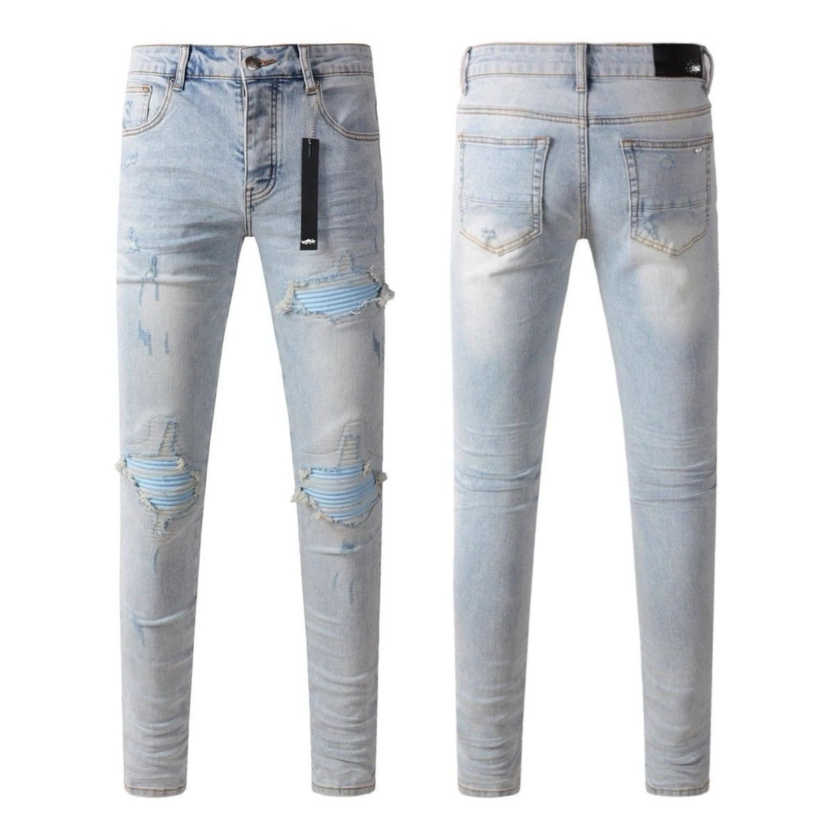 Distressed Straight-Leg Denim Jeans in Blue Black Gray or White