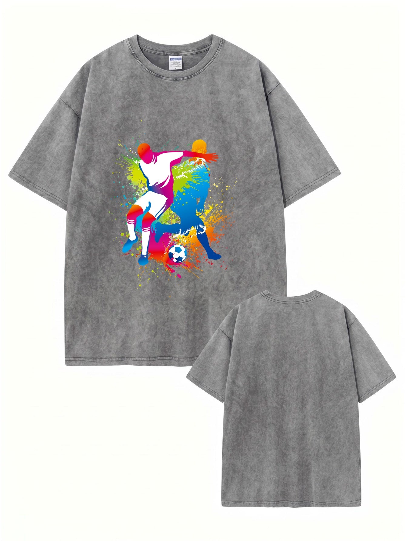 Vintage Washed Cotton Soccer Art T-Shirt - Colorful Splash Graphic Tee