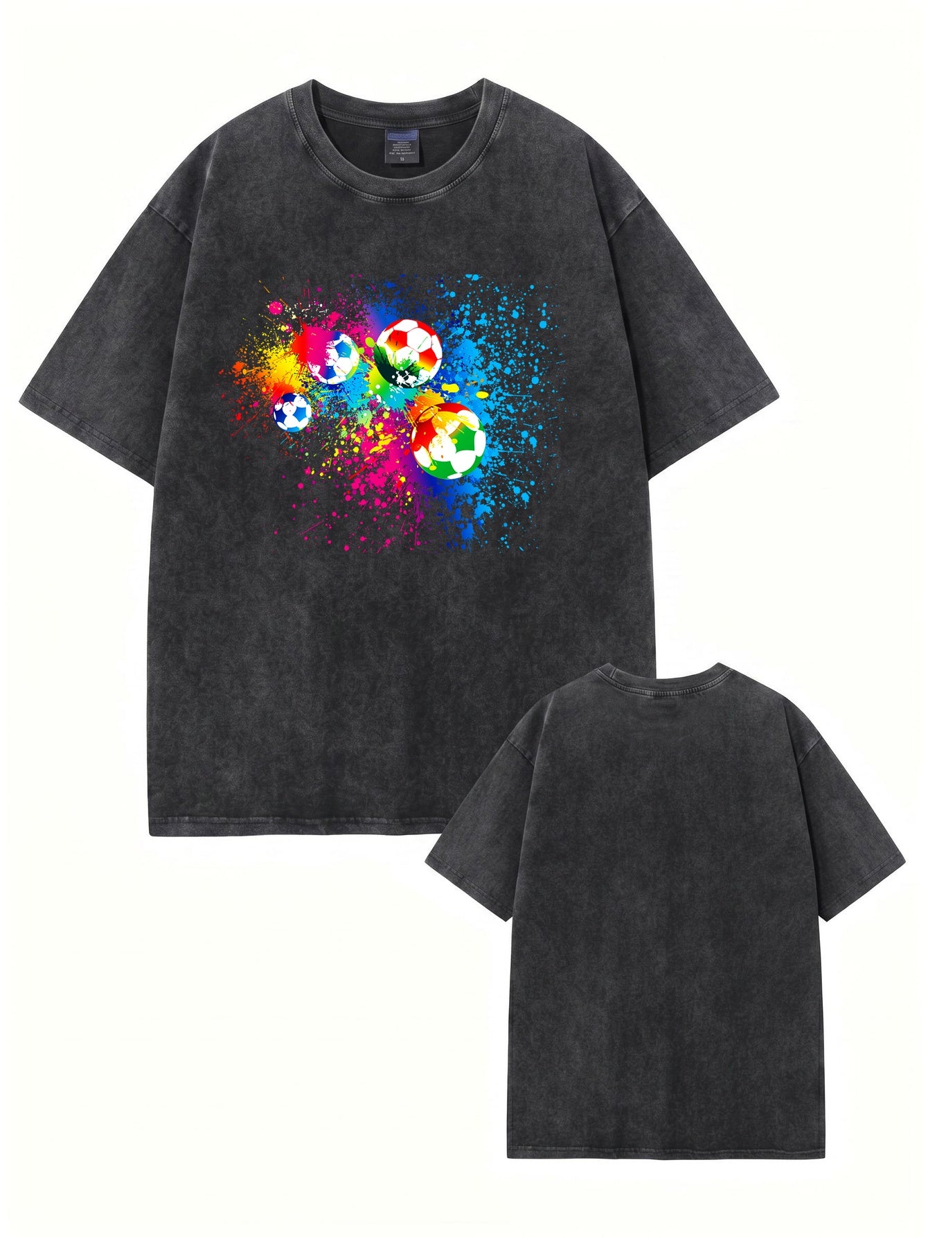 Retro Washed Cotton T-Shirt with Vibrant Colorful Soccer Ball Graphic Print