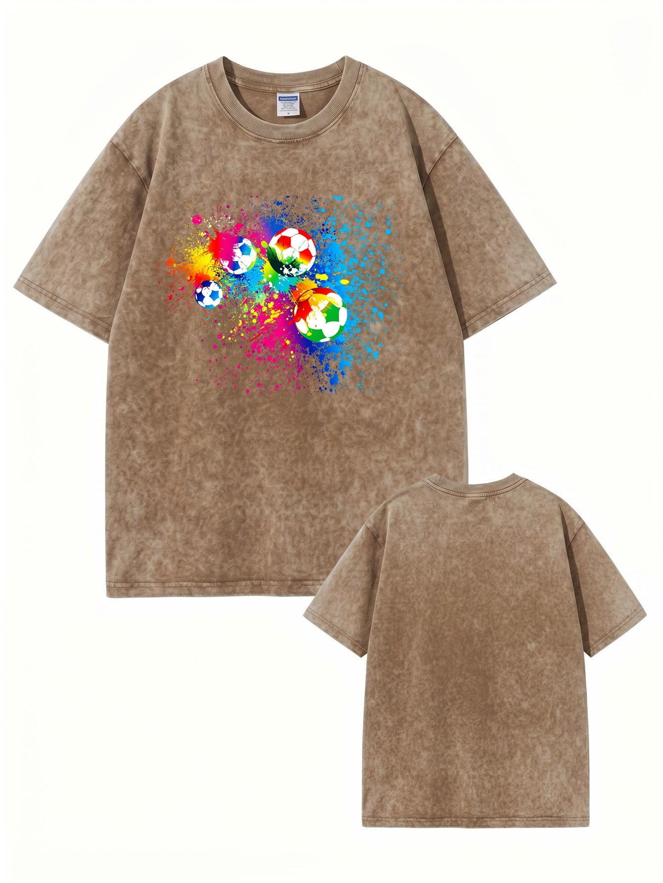 Retro Washed Cotton T-Shirt with Vibrant Colorful Soccer Ball Graphic Print