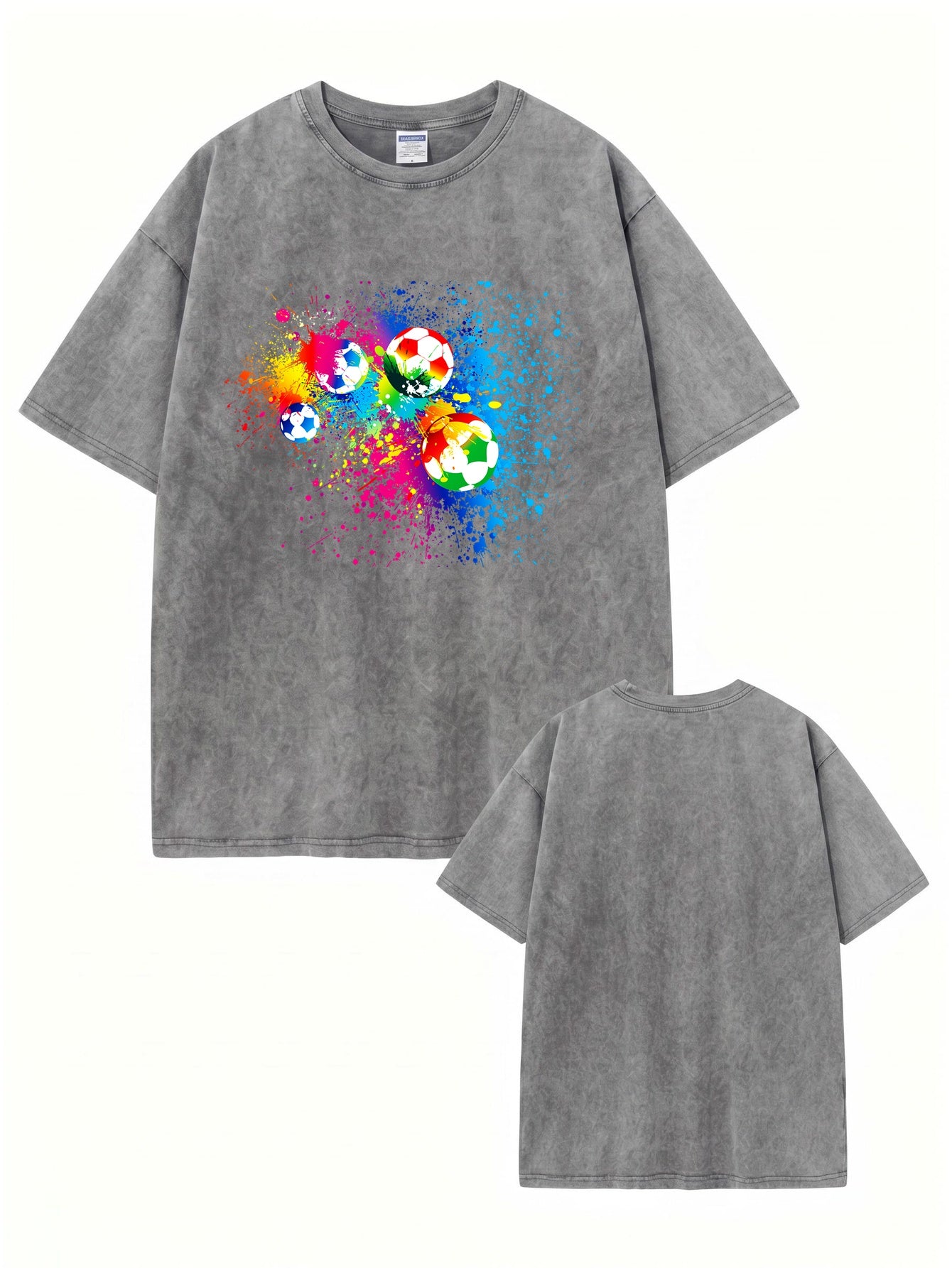 Retro Washed Cotton T-Shirt with Vibrant Colorful Soccer Ball Graphic Print