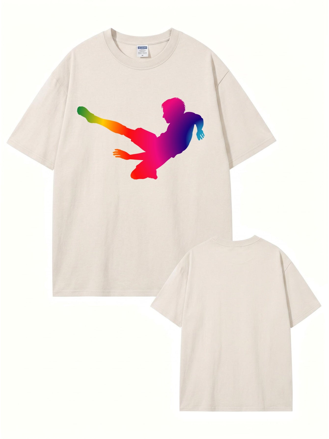 Retro Washed Cotton T-Shirt with Vibrant Rainbow Soccer Kick Print