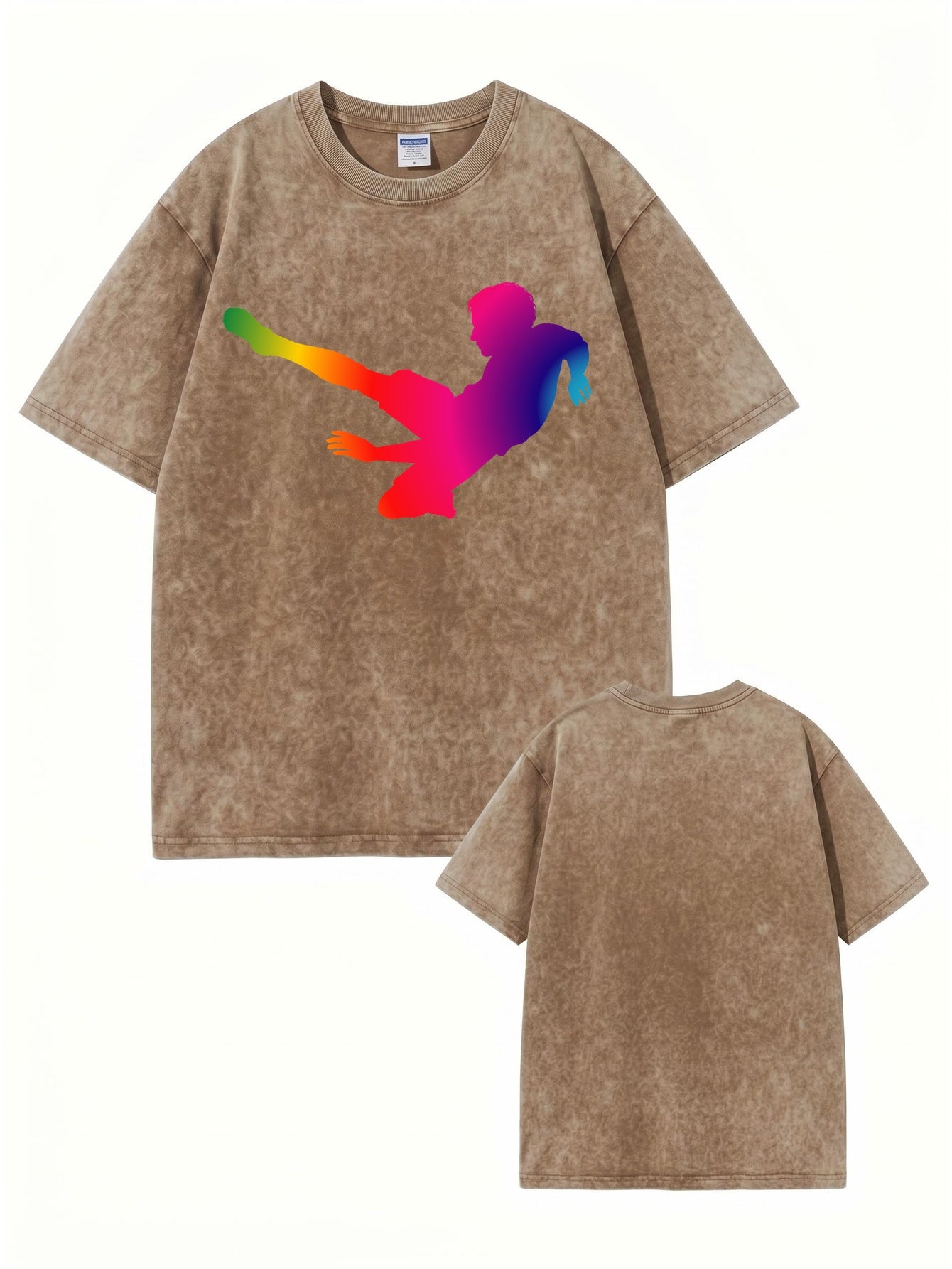 Retro Washed Cotton T-Shirt with Vibrant Rainbow Soccer Kick Print